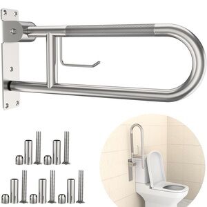 Toilet Grab Bar 22.4 Inch. Brushed Nickel. Anti-slip. U Shaped. Flips Up.